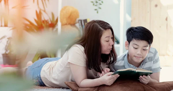 Mutlu Asya anne oğluyla birlikte gülümsemek yüz kitap okuma. oturma odasında. Anne oğlu öğretir nasıl yapılır dahi.