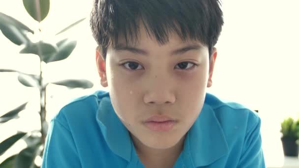 Portrait Asian Crying Preteen Looking Camera Sad Face Slow Motion — Stock Video