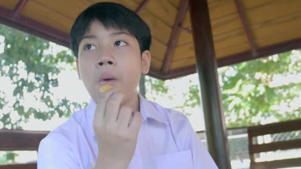 Cámara Lenta Feliz Asiático Niño Estudiante Uniforme Disfrutar Comer Patatas — Vídeo de stock