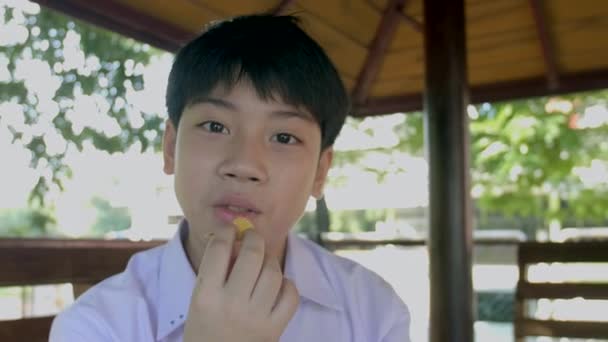 慢动作4K 快乐亚洲孩子在学生制服享受吃土豆芯片与微笑脸 — 图库视频影像