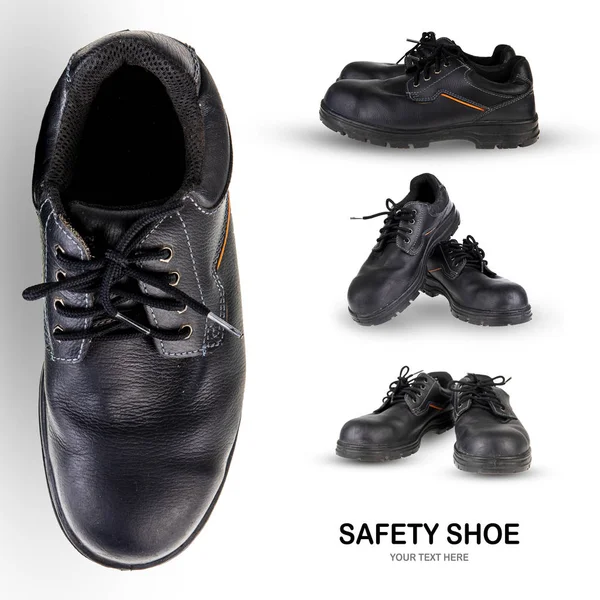 创意布局由旧的和肮脏的安全鞋黑色工作靴在白色背景与剪裁路径 — 图库照片