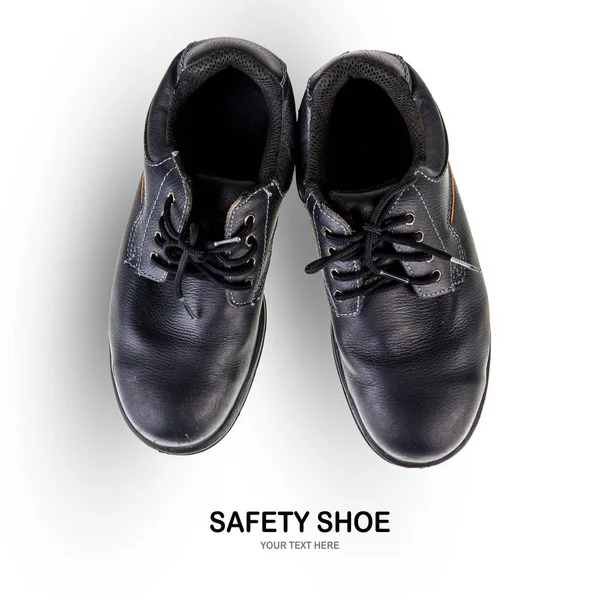 Creative Layout Made Old Dirty Safety Shoe Black Work Boots — Stock Photo, Image