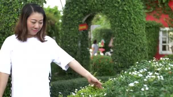 Asian Woman Walking Park Hand Touching Plant Recorded Hand Held — Stock Video