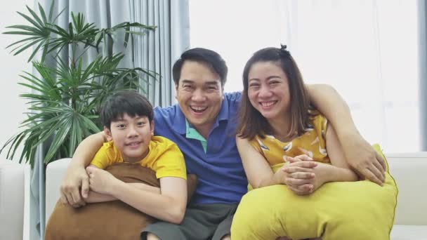 Slow Motion Asian Family Father Mother Son Couch Looking Camera — Stock Video