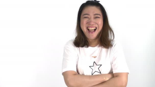 Медленное Движение Молодых Азиатских Женщин Стоящих Сером Фоне Экрана Портрет — стоковое видео