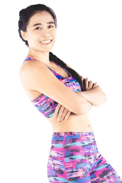 Portret Azjatyckich Cute Kobieta Kombinezon Sportowy Białym Tle Ścieżką Przycinającą — Zdjęcie stockowe