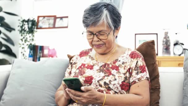 Asiatische Seniorin Mit Smartphone Hause Glückliche Großmutter Mit Technologie Der — Stockvideo