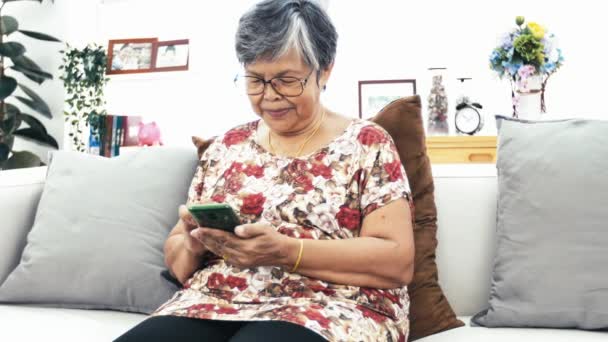 Mujer Mayor Asiática Usando Teléfono Inteligente Casa Abuela Feliz Con — Vídeos de Stock