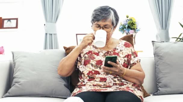 Asiática Senior Mujer Utilizando Teléfono Inteligente Beber Una Taza Café — Vídeos de Stock