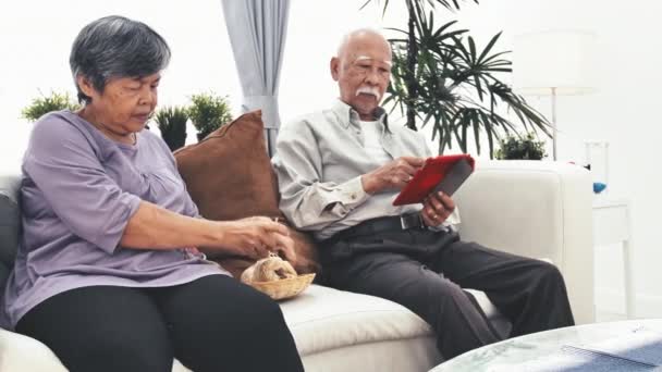 ウール ウール糸をニットの祖母の手でタブレット コンピューターと高齢女性のニットを使用してアジアの年配の男性 クラフトは 古い女性の趣味と膝の痛み — ストック動画