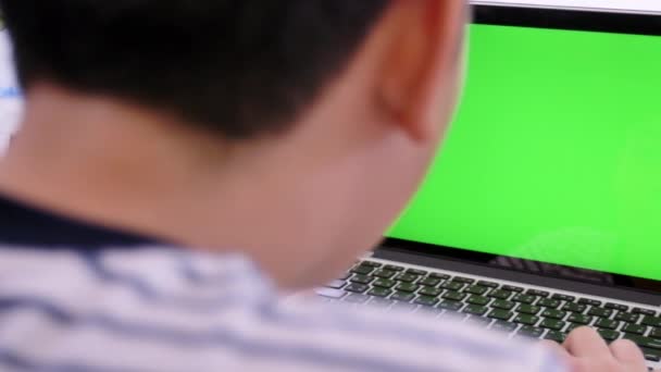 緑色の画面を見てアジアの少年の肩ショット以上 緑のラップトップ画面 ドリー ショット右へ左にラップトップ コンピューターを使用して Office — ストック動画