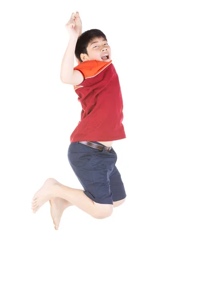 Asian funny child boy jumping on white background. — Stock Photo, Image