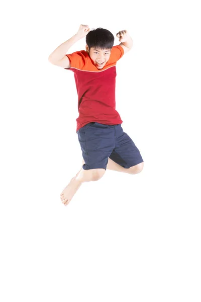 Asiático divertido niño saltando en blanco fondo . —  Fotos de Stock