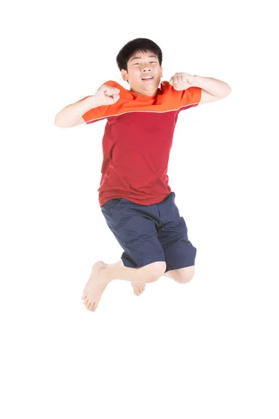 Asiático divertido niño saltando en blanco fondo . —  Fotos de Stock