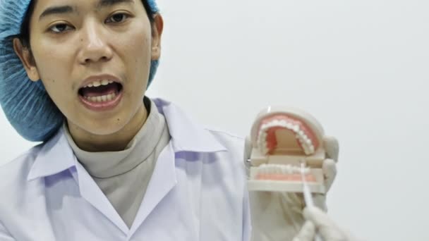 牙医向摄像机展示如何使用工具 牙医展示下颌模型 给课程适当的牙齿和口腔护理 — 图库视频影像