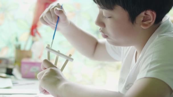 Young Asian Boy Painting Water Colour Home Smile Face — Stock Video