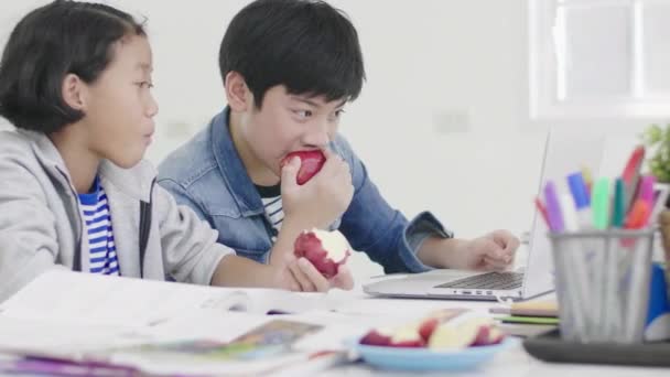 少年たちはコンピュータを使って宿題を教えたり説明したりしている 表情や笑顔のある友達には どちらもリンゴを食べています 宿題もします — ストック動画