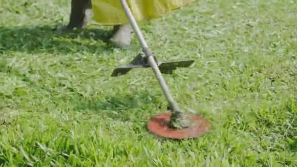前庭で芝刈り機を使った男のクローズアップ 芝刈り機で草を刈る庭師 60Fps — ストック動画