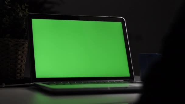 机の上のノートパソコンで使っている少年の肩越しに 緑色の画面を見る ドリーショット60Fps — ストック動画