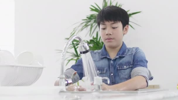 Азіатський Молодий Хлопчик Миття Посуду Кухні Домашніх Умовах Стиль Життя — стокове відео