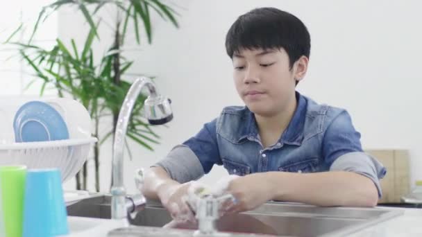 Asiático Menino Lavar Prato Cozinha Casa Conceito Estilo Vida Prato — Vídeo de Stock