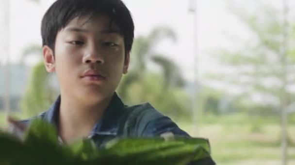 少年は幸せな顔で家を拭くためにガラスの布を使用しています 自宅で鏡を掃除する若いアジアの少年 — ストック動画