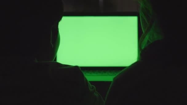 自宅でラップトップの緑色の画面を見て母と息子 — ストック動画