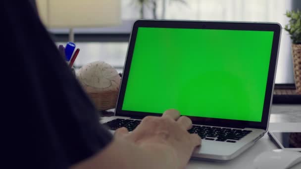 Žena Pracující Notebooku Zelenou Obrazovkou Doma Chromatický Klíč Pohled Zezadu — Stock video