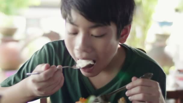 Jong Aziatische Jongen Eten Gebakken Rijst Met Vlees Voor Het — Stockvideo