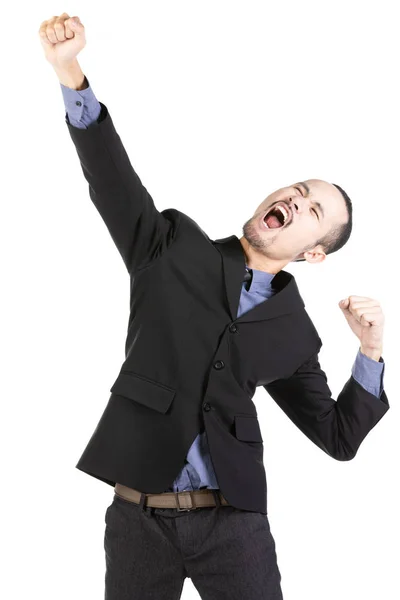 행복한 젊은 수염 남자 에 공식적인 착용 유지 팔 을 올리고 전자 — 스톡 사진