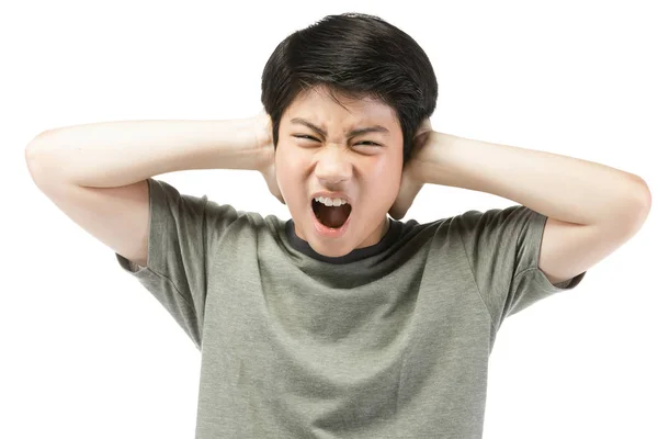 Young Asian boy over white background, be upset; have a bad temp — Stock Photo, Image