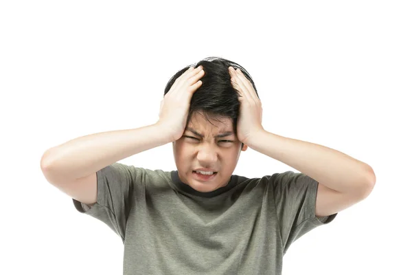 Young Asian boy over white background, be upset; have a bad temp — Stock Photo, Image