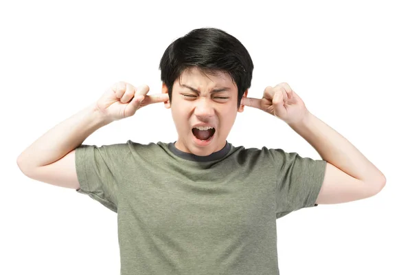 Young Asian boy over white background, be upset; have a bad temp — Stock Photo, Image