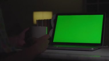 Evde yeşil ekranlı dizüstü bilgisayarda çalışan bir kadın. Krom anahtar. Arkadan bak.. 