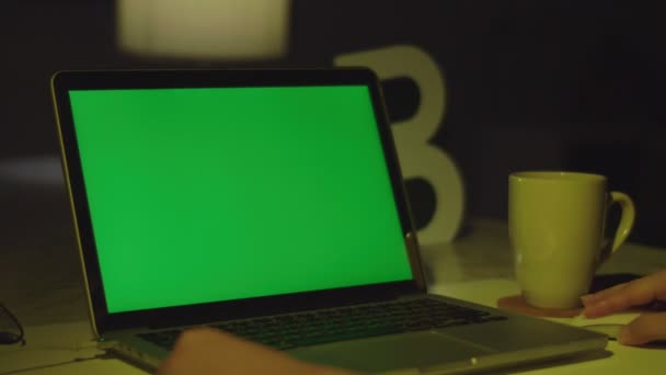Egy Dolgozik Laptop Számítógépén Zöld Képernyővel Otthon Krómkulcs Kilátás Hátulról — Stock videók