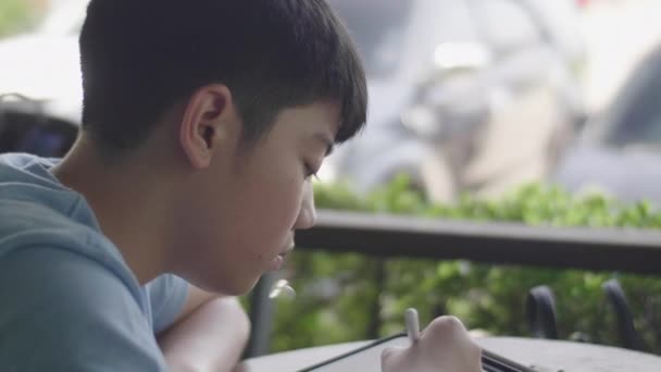 Young Asian Boy Work Tablet — Stock Video