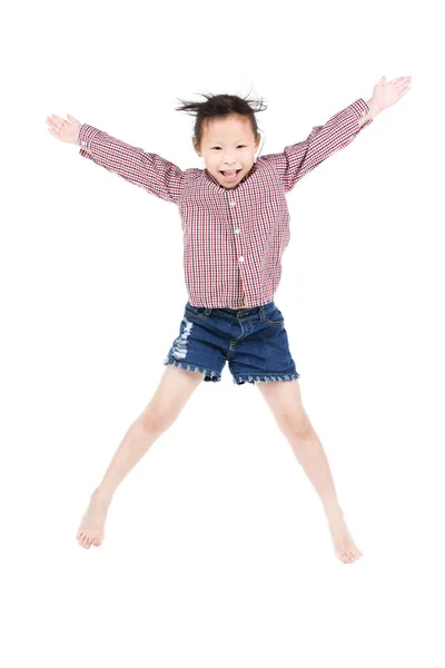 Portrait of happy little Asian child jumping isolated on white — Stock Photo, Image