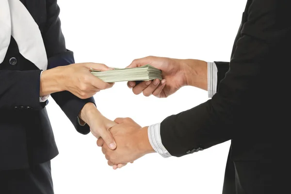 Businessmen making handshake with money in hands — Stock Photo, Image