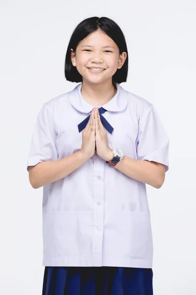 Öğrenci üniformalı Asya çocuk kız, Sawaddee oyunculuk cehennem demek — Stok fotoğraf