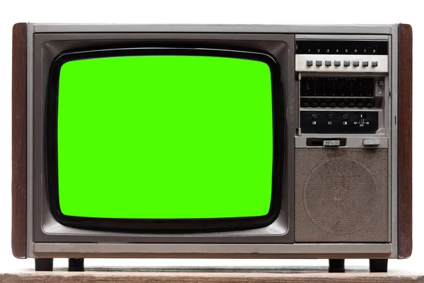 Vintage TV : old retro TV with green screen isolated on white — Stock Photo, Image