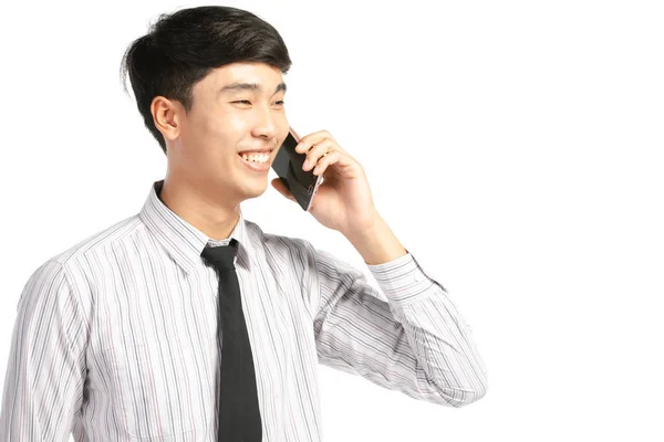 아시아 사업가 착용 사용 휴대 전화 위에 화이트 . — 스톡 사진