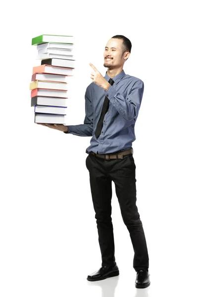 Asian man opened mouth dressed in formal wear with books . — Stock Photo, Image