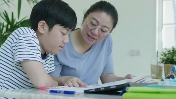 母は息子が家で宿題をするのを手伝っている 美しい母親が教科書を読み 家で一緒に宿題をしながら息子と話す — ストック動画