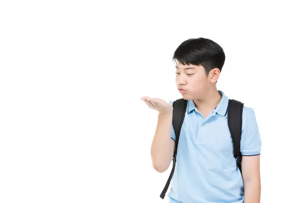 Bonito ásia criança com escola papelaria no branco fundo  . — Fotografia de Stock