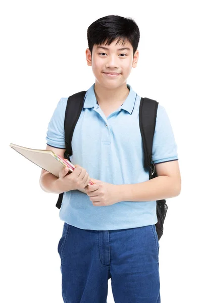 Χαριτωμένο ασιατικό παιδί με σχολικά επιστολόχαρτα σε λευκό φόντο . — Φωτογραφία Αρχείου