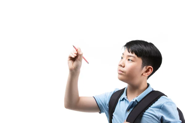 Carino asiatico bambino con scuola cancelleria su bianco sfondo  . — Foto Stock