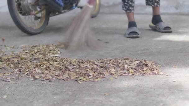 秋の散歩 公園でほうきで葉っぱを掃除する正体不明の女性 クローズ アップ — ストック動画