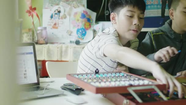 Happy Little Boy Doing Your Homework Child Sitting Desk Home — Stock Video