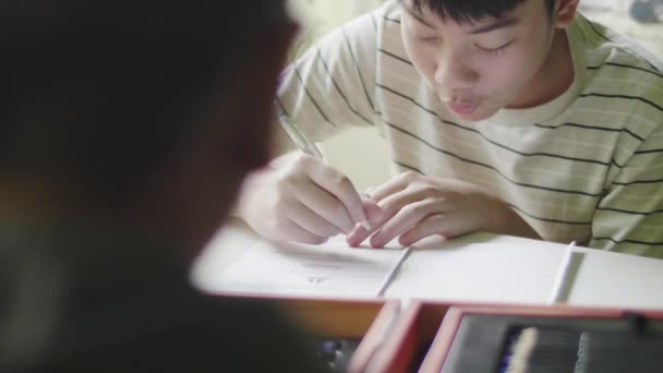 Feliz Niñito Haciendo Tarea Niño Sentado Escritorio Casa Haciendo Tarea — Vídeos de Stock