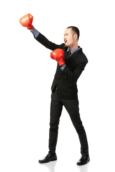 Business asian man ready to fight with boxing gloves. — Stock Photo, Image